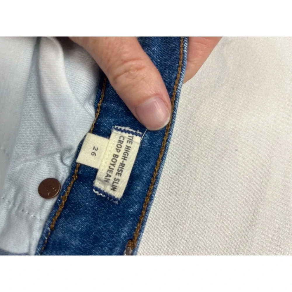 Madewell The High-Rise Slim Crop Boyjean Blue Distressed Raw Hem Size 26